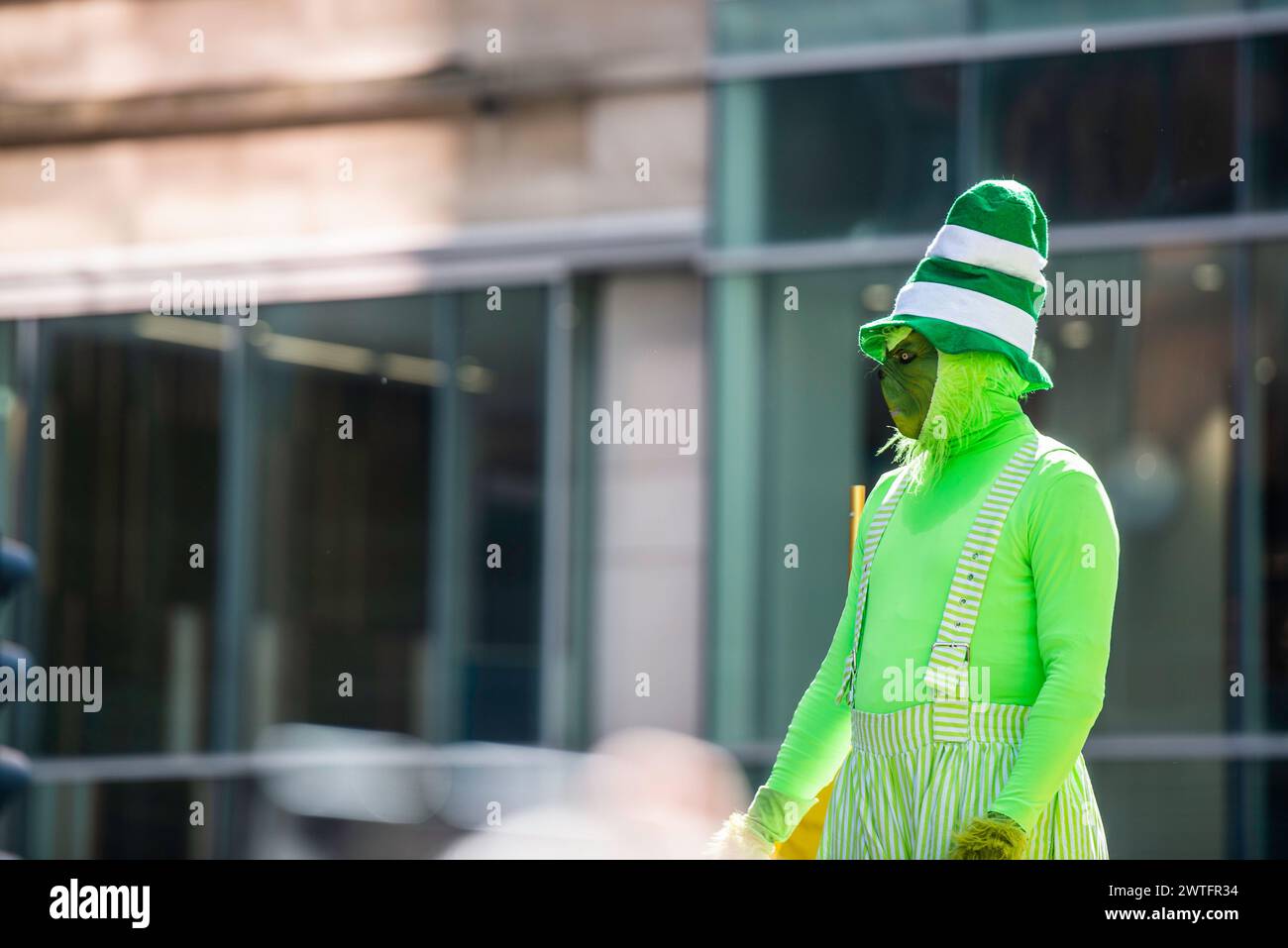 Montreal, Canada - March 17 2024： People celebrating the Saint Patrick`s Day Parade in Montreal downtown Stock Photo